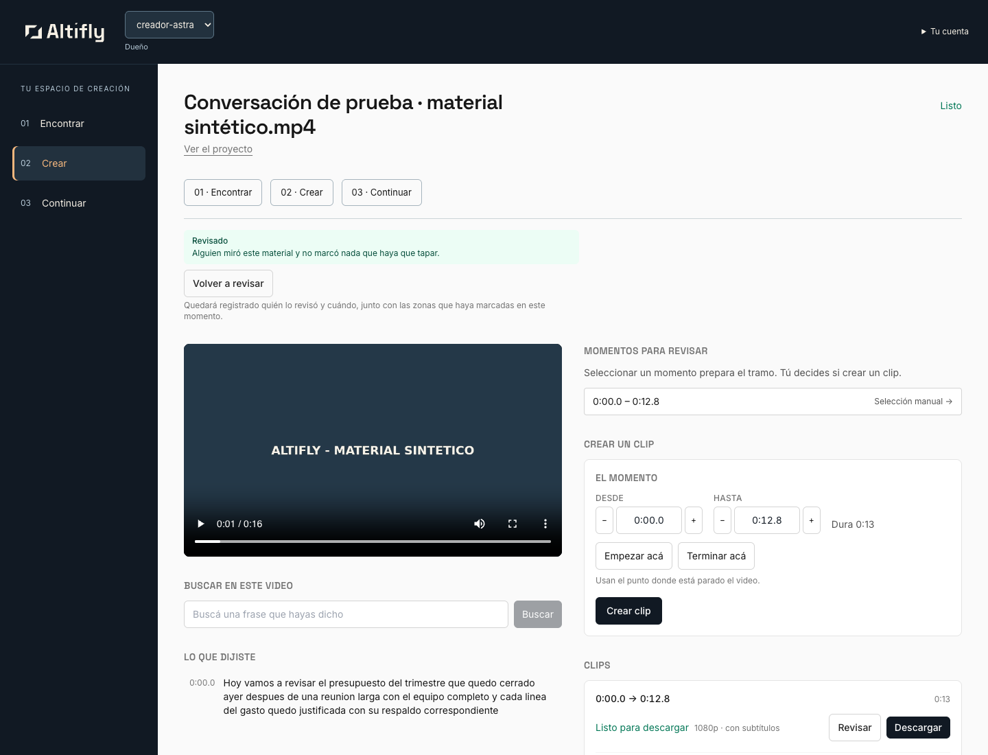 Captura local de Altifly: selección y revisión con material sintético de ejemplo
